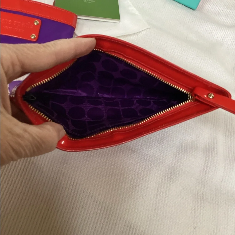 kate spade PurpleNylon and Red Patent Leather Zipper 2 pc Pouch set.  NWT - Picture 9 of 13